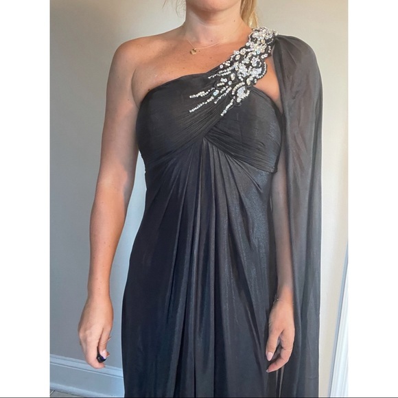 Jovani One Shoulder Gown Black with Overlay - Picture 5 of 6